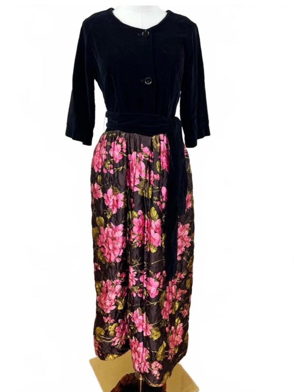 1950s Velvet Quilted Dress with Floral Accents made in Canada